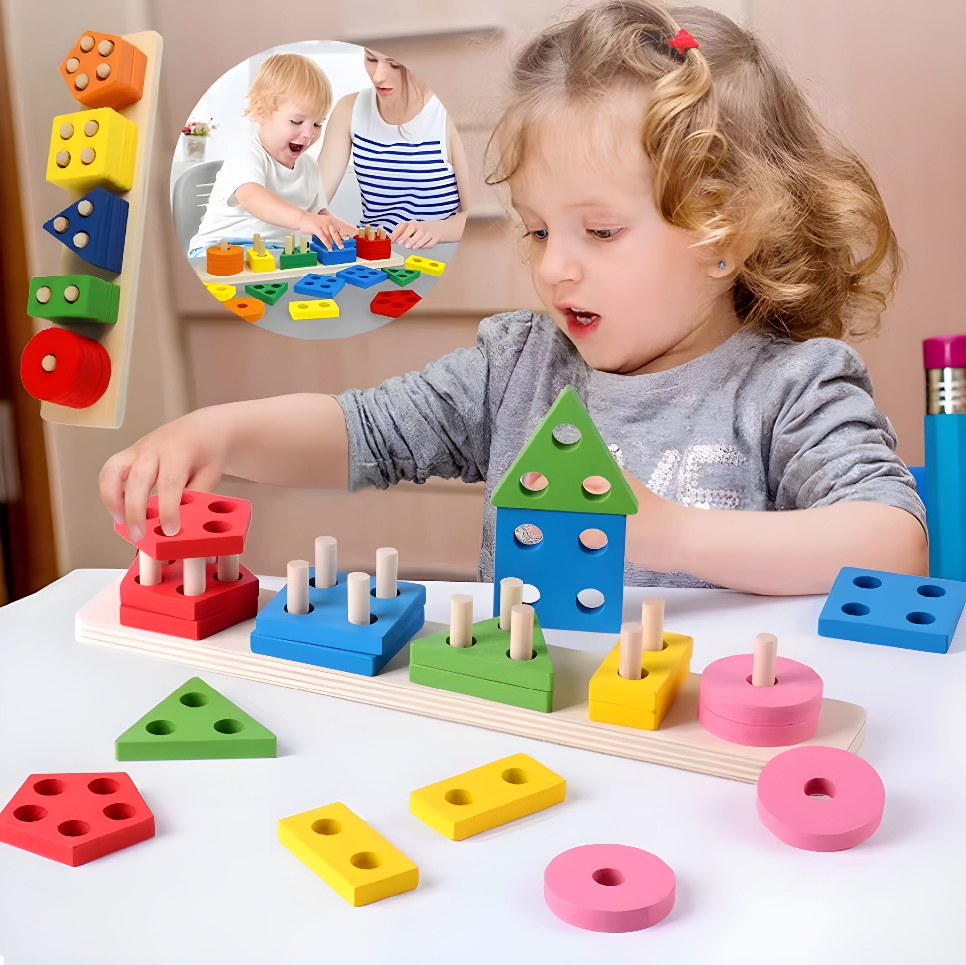 kids playing with Montessori toy shape stacking board 