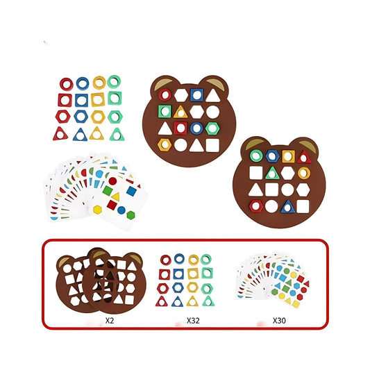 Montessori toy shape sorting puzzle pieces and instruction cards for STEM learning