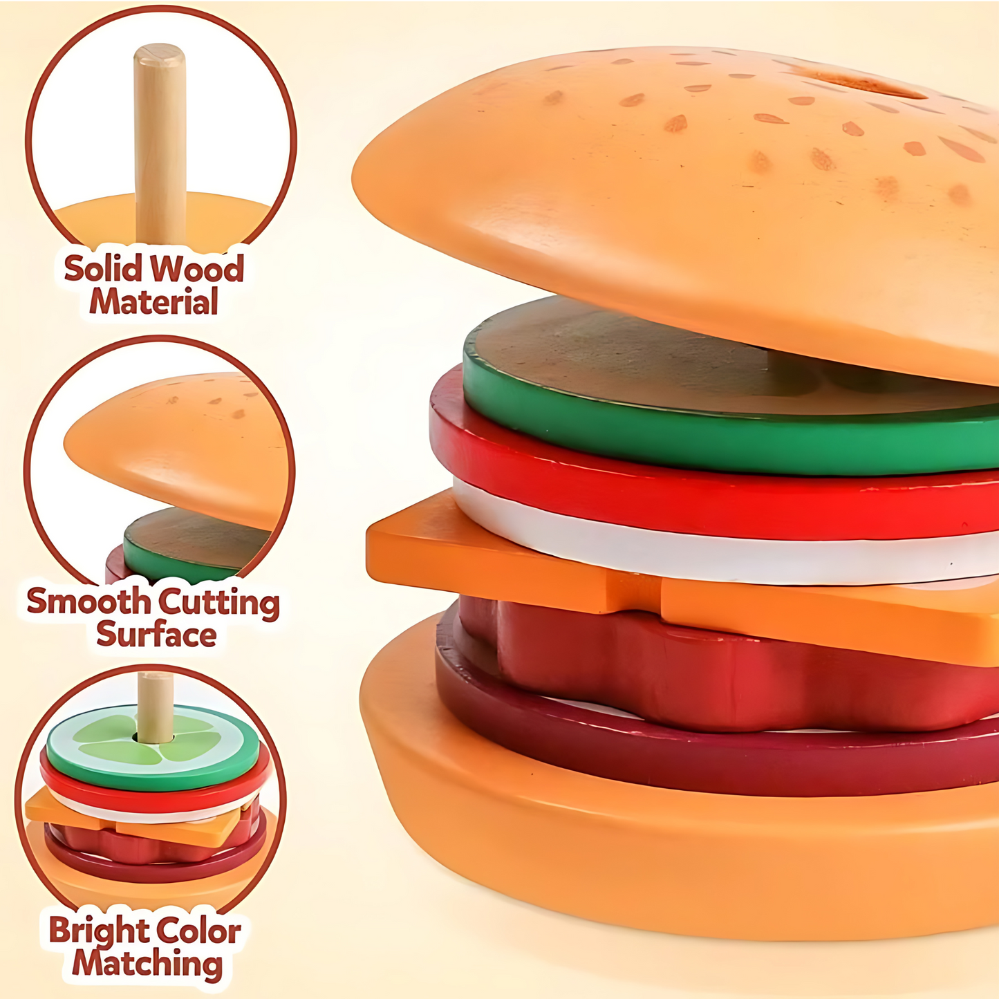 Montessori toy stacking hamburger playset with child engaging in pretend play