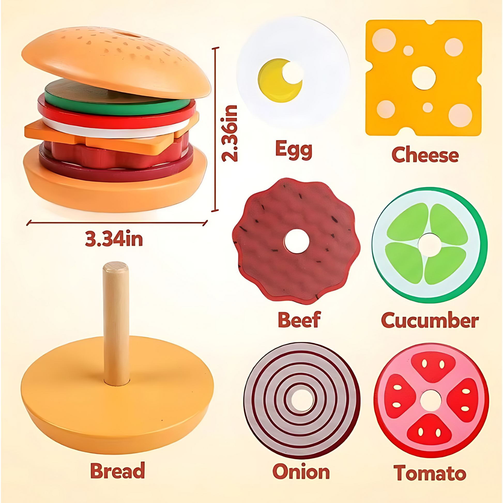 Montessori toy stacking hamburger playset componebnts