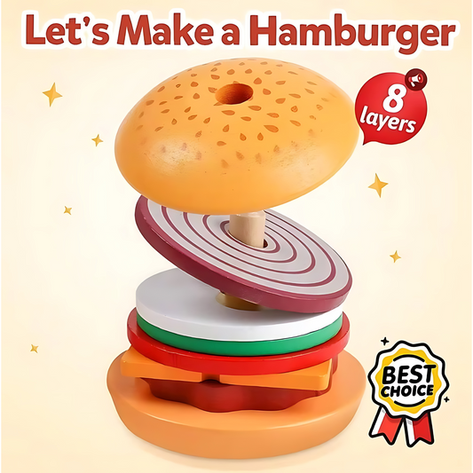 Montessori stacking hamburger playset packaging with setup instructions