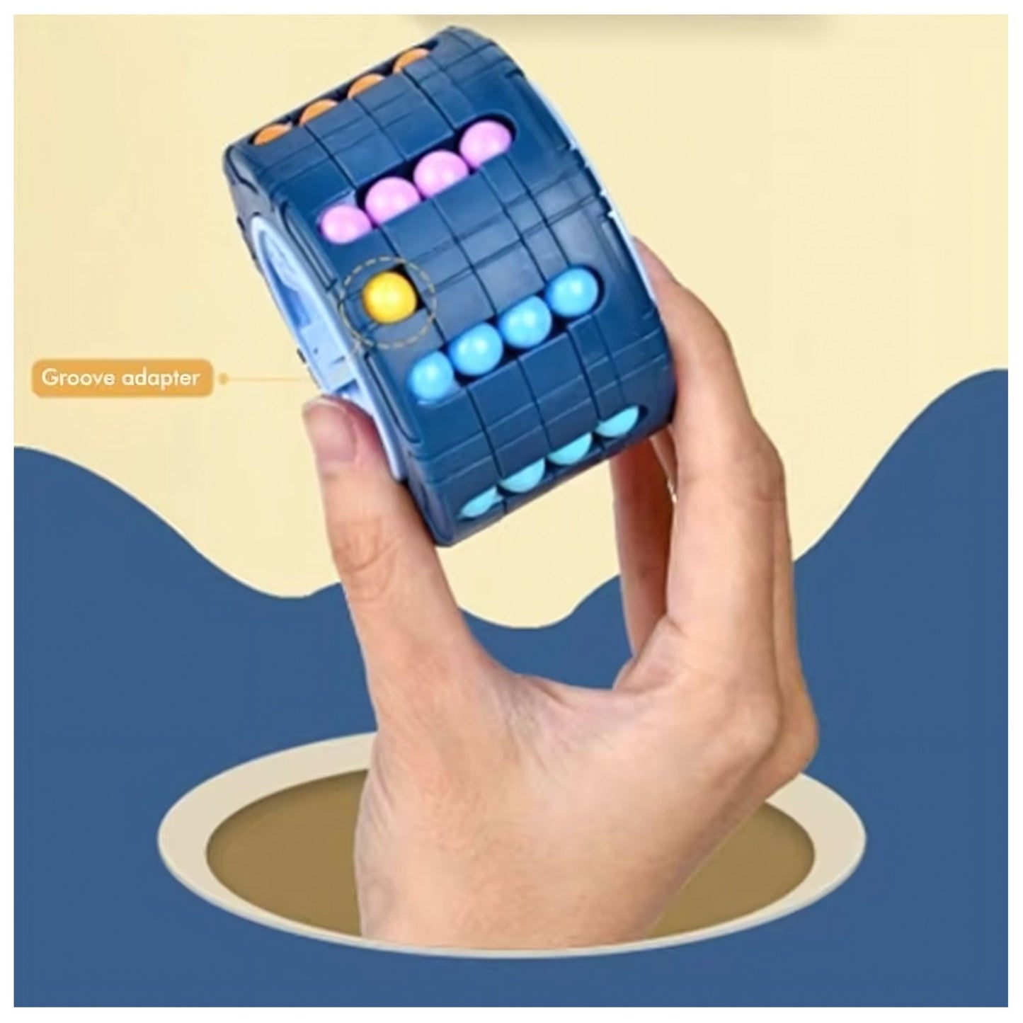 Blue Montessori toy 3D cylinder puzzle with rotating beads for cognitive skills on hand