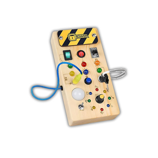 Montessori toy wooden busy board with switches and sensory play features